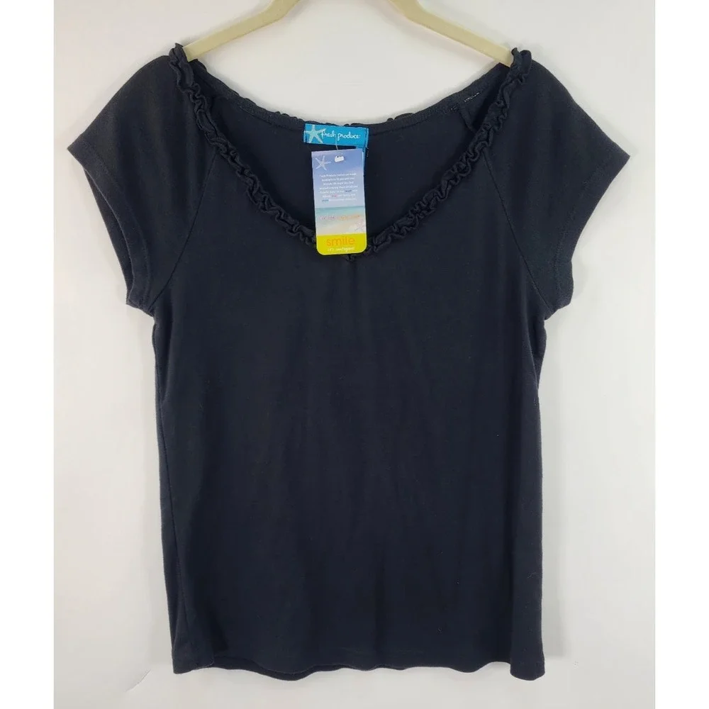 Fresh Produce Ruffle V Neck Top Women's S Black Cap Sleeve Minimalist